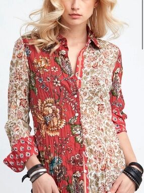 Cino Floral Patchwork Button Down Shirt 100% Cotton Boho Cottagecore Large